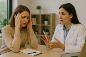 Mulher jovem com expressão de dor segura a cabeça com as duas mãos enquanto conversa com uma médica em um consultório moderno. A médica, usando jaleco branco, segura uma seringa e explica algo com seriedade, sugerindo uma discussão sobre o uso de Botox para enxaqueca. Ao fundo, há estantes com plantas e livros, e a luz natural entra por uma janela, criando um ambiente acolhedor.