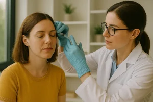 Uma mulher jovem de cabelos castanhos e lisos, vestindo uma blusa amarela, está sentada com os olhos fechados em um consultório bem iluminado. Uma médica, usando jaleco branco, óculos e luvas azuis, aplica cuidadosamente uma injeção de Botox na testa da paciente. Ao fundo, é possível ver prateleiras com vasos de plantas, criando um ambiente calmo.