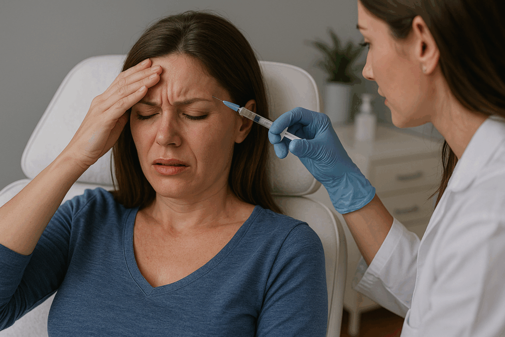 O ChatGPT disse: Uma mulher de pele clara, sentada em um consultório médico, recebe uma aplicação de toxina botulínica na testa por uma profissional de saúde com luvas azuis. A paciente demonstra desconforto e leva a mão à cabeça, transmitindo a ideia de tratamento para enxaqueca.