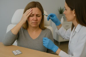 O ChatGPT disse: Uma mulher de meia-idade, sentada em um consultório médico, recebe uma aplicação de toxina botulínica na testa feita por uma profissional de saúde com jaleco branco e luvas azuis. A paciente mantém uma expressão de desconforto, com a mão apoiada na testa. Sobre a mesa ao lado, há uma cartela de comprimidos, sugerindo a associação com tratamento para enxaqueca.