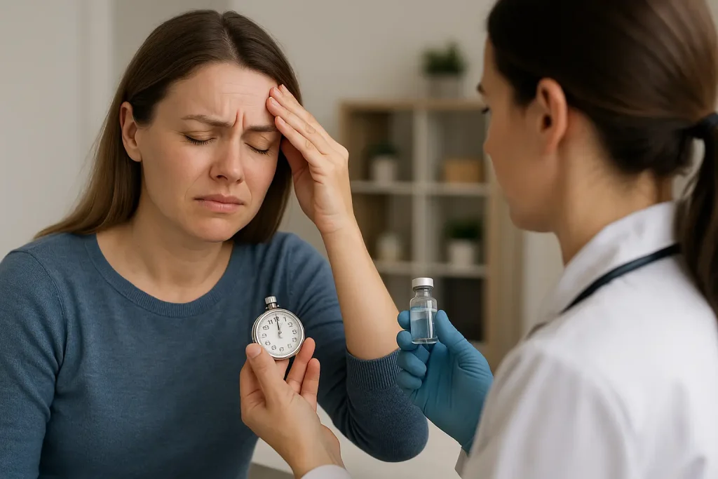 Uma mulher de pele clara, usando blusa azul, está em um consultório médico com expressão de desconforto, levando a mão à testa. À sua frente, uma profissional de saúde de jaleco branco segura um frasco de medicamento e um cronômetro, representando a espera pelo efeito da toxina botulínica no tratamento da enxaqueca.