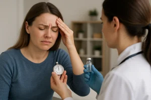 Uma mulher de pele clara, usando blusa azul, está em um consultório médico com expressão de desconforto, levando a mão à testa. À sua frente, uma profissional de saúde de jaleco branco segura um frasco de medicamento e um cronômetro, representando a espera pelo efeito da toxina botulínica no tratamento da enxaqueca.