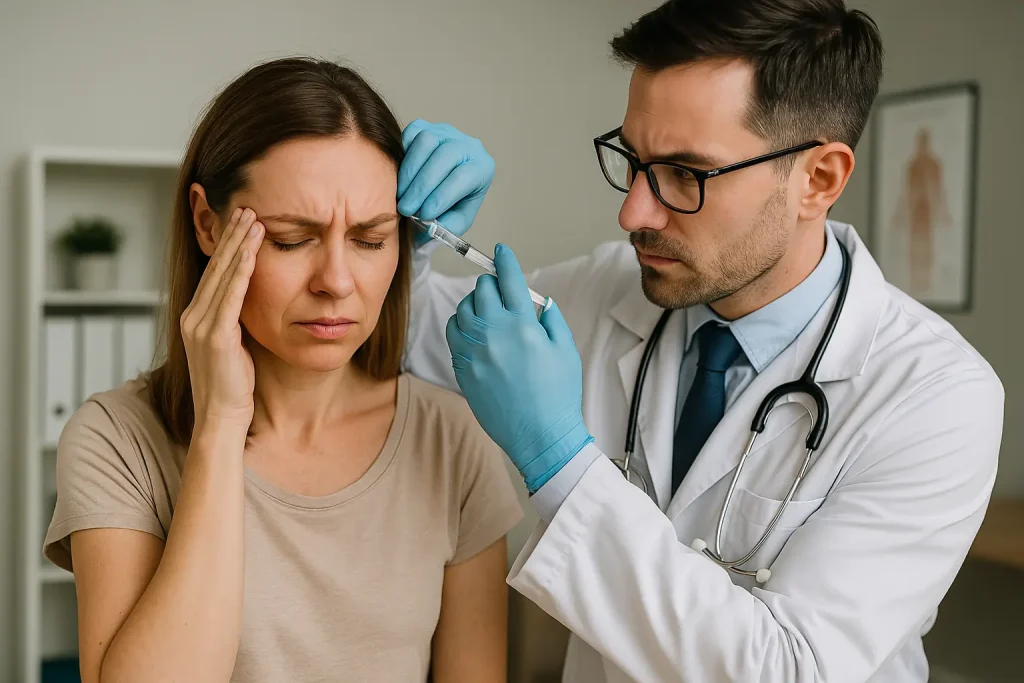 Uma mulher de pele clara está em um consultório médico recebendo uma aplicação de toxina botulínica na testa realizada por um médico de jaleco branco, luvas azuis e estetoscópio no pescoço. A paciente, com expressão de desconforto, apoia a mão na cabeça enquanto o profissional aplica a injeção com precisão em um ambiente clínico moderno e bem iluminado.