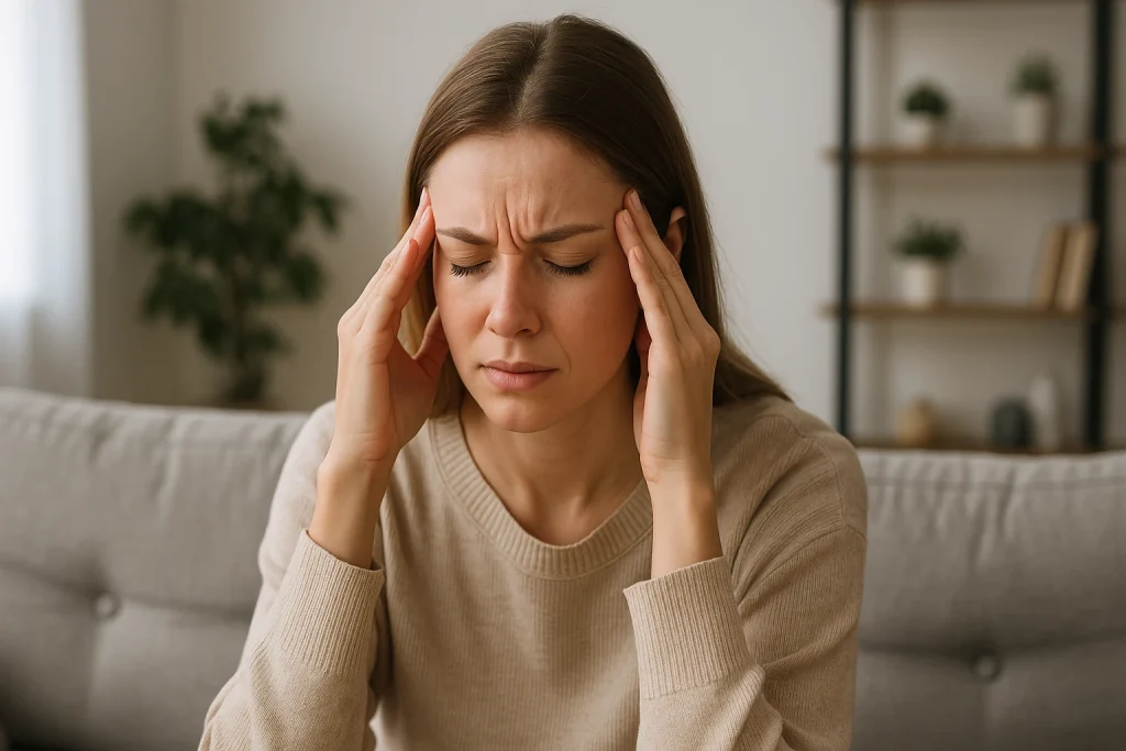 Mulher sentada no sofá pressionando as têmporas, com expressão de desconforto, representando os sintomas da cefaleia tensional.