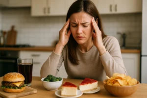 Mulher sentada à mesa com alimentos variados enquanto pressiona as têmporas, mostrando desconforto devido à enxaqueca e possível relação com a dieta.