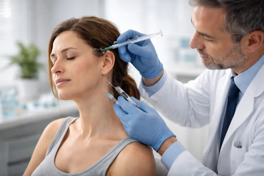 Aplicação de toxina botulínica como tratamento neurológico para dor crônica e sensibilização central.