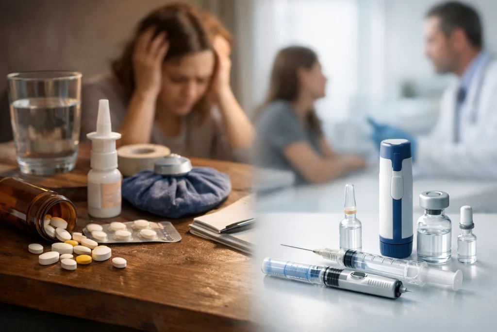 Paciente com enxaqueca em consulta médica, ilustrando a evolução do tratamento da enxaqueca com terapias injetáveis em ambiente clínico moderno.