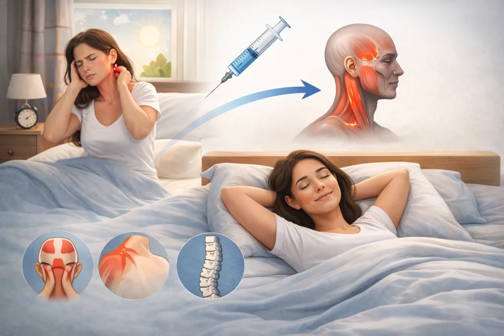 Mulher acordando sem dor após tratamento com toxina botulínica, ilustrando a redução de dores recorrentes ao despertar causadas por tensão muscular cervical e cefaleia.