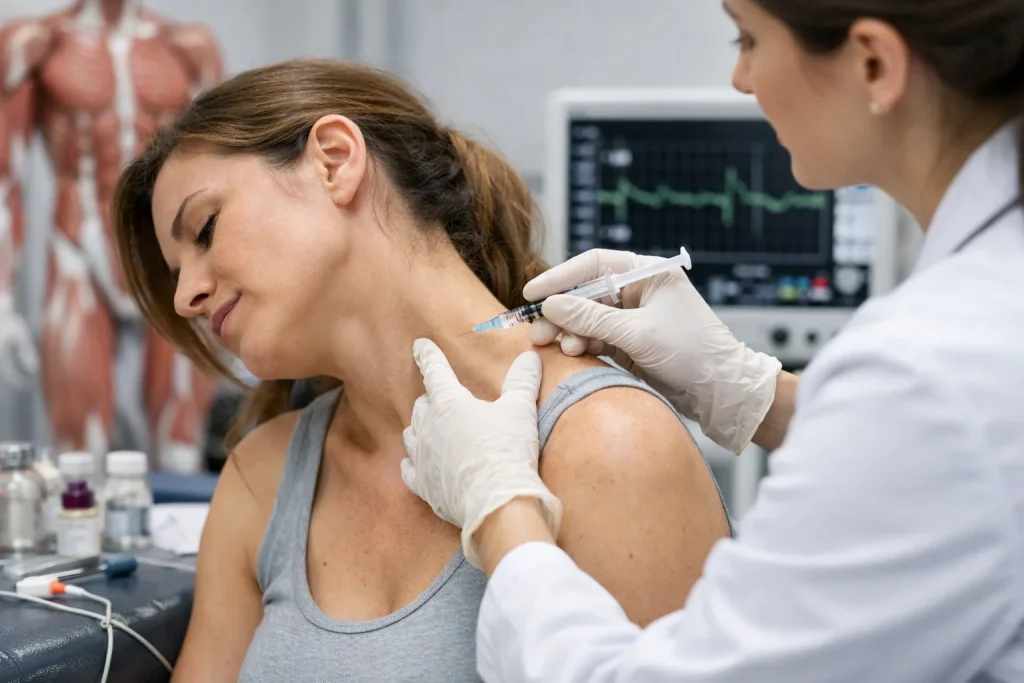 Aplicação de toxina botulínica em paciente com contrações musculares involuntárias na região do pescoço, realizada por médica em ambiente clínico.